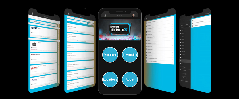 A smartphone shows the user interface of the TOOLMEETUP app with event details.