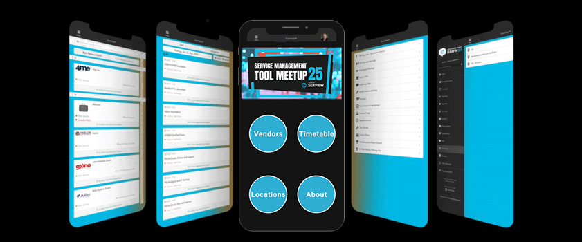 A smartphone shows the user interface of the TOOLMEETUP app with event details.